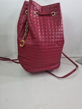 Celine Quilted Drawstring Bucket Bag in Deep Red